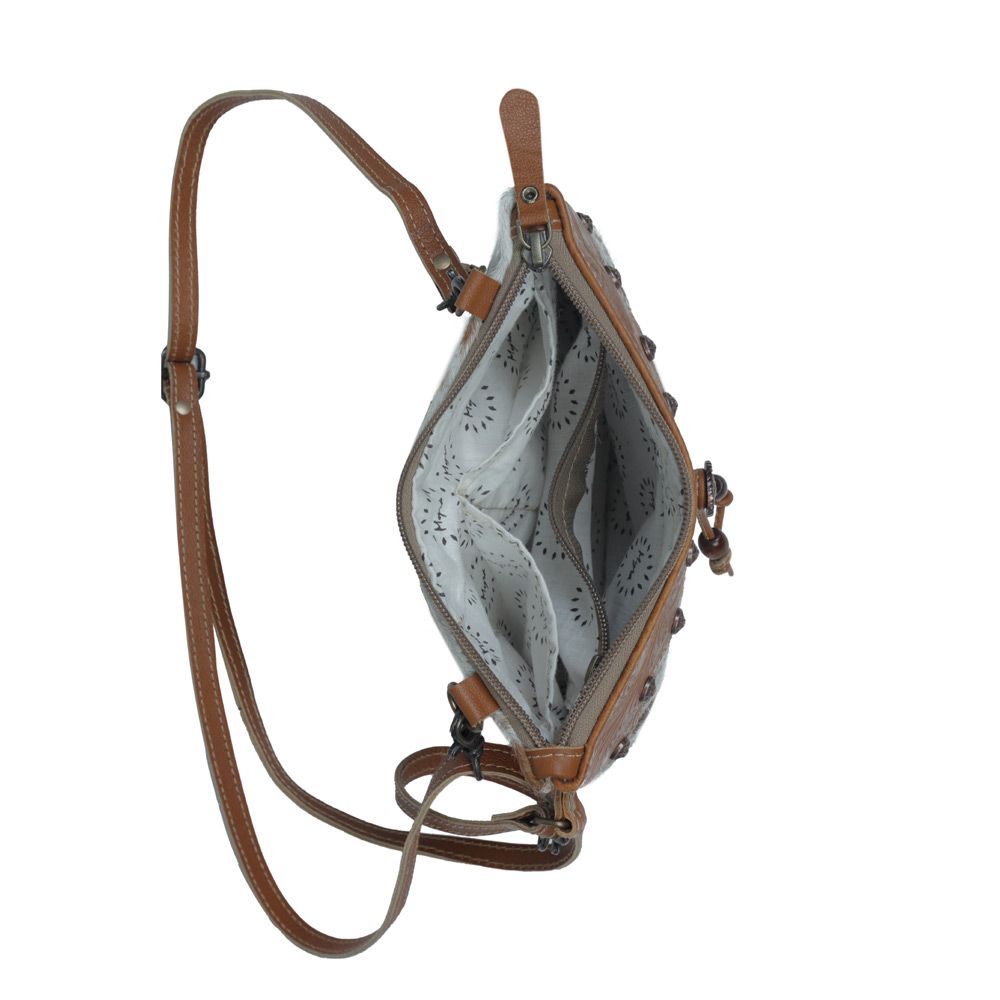 ORNATE BROWN LEATHER & HAIR ON CROSS BODY BAG
