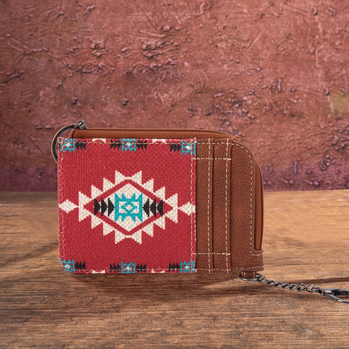Southwestern Art Print Mini Zip Card Case Burgundy