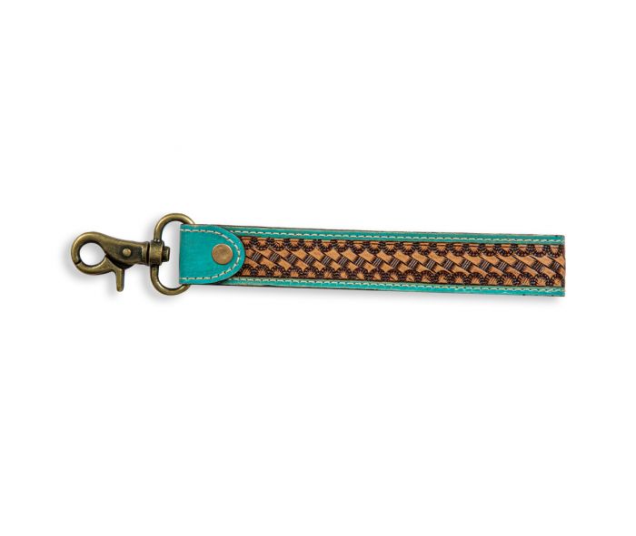 TEAL ACCENT HAND-TOOLED STRAP KEY FOB