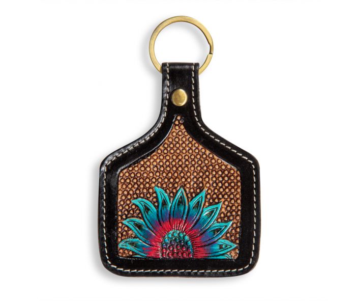PEACOCK SUNFLOWER HAND-TOOLED KEY FOB