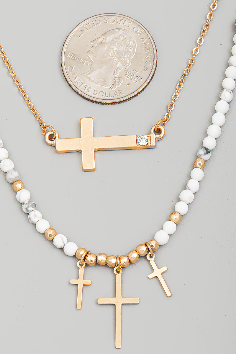 LAYERED MULTI CROSS CHARM NECKLACE