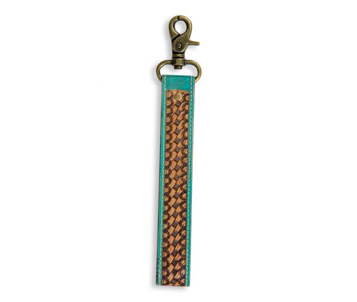 TEAL ACCENT HAND-TOOLED STRAP KEY FOB