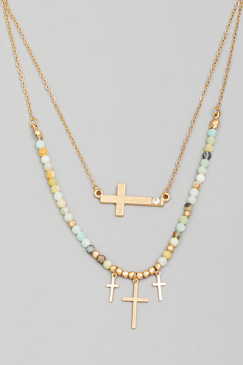 LAYERED MULTI CROSS CHARM NECKLACE