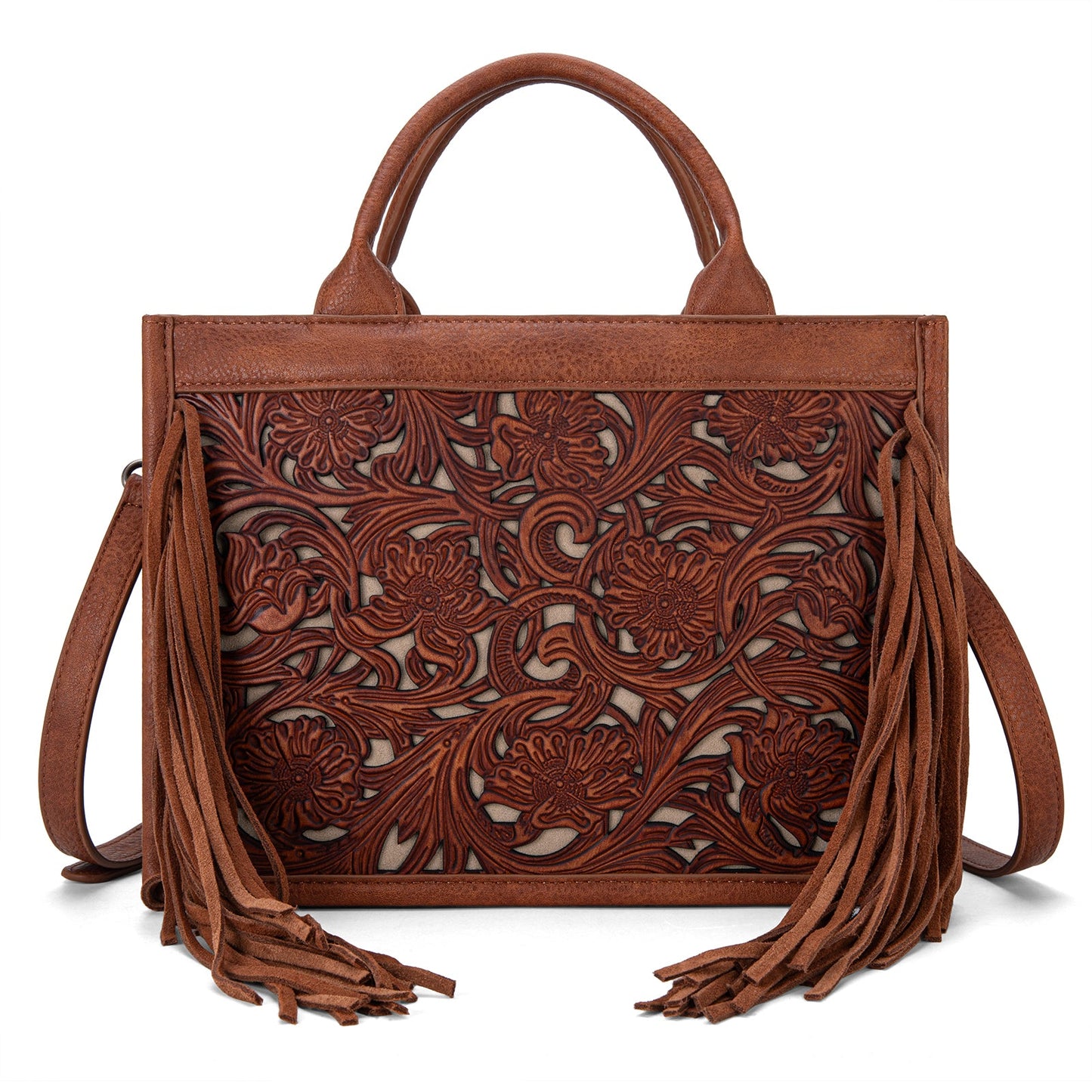 Trinity Ranch Floral Tooled Fringe Concealed Carry Tote/Crossbody Brown