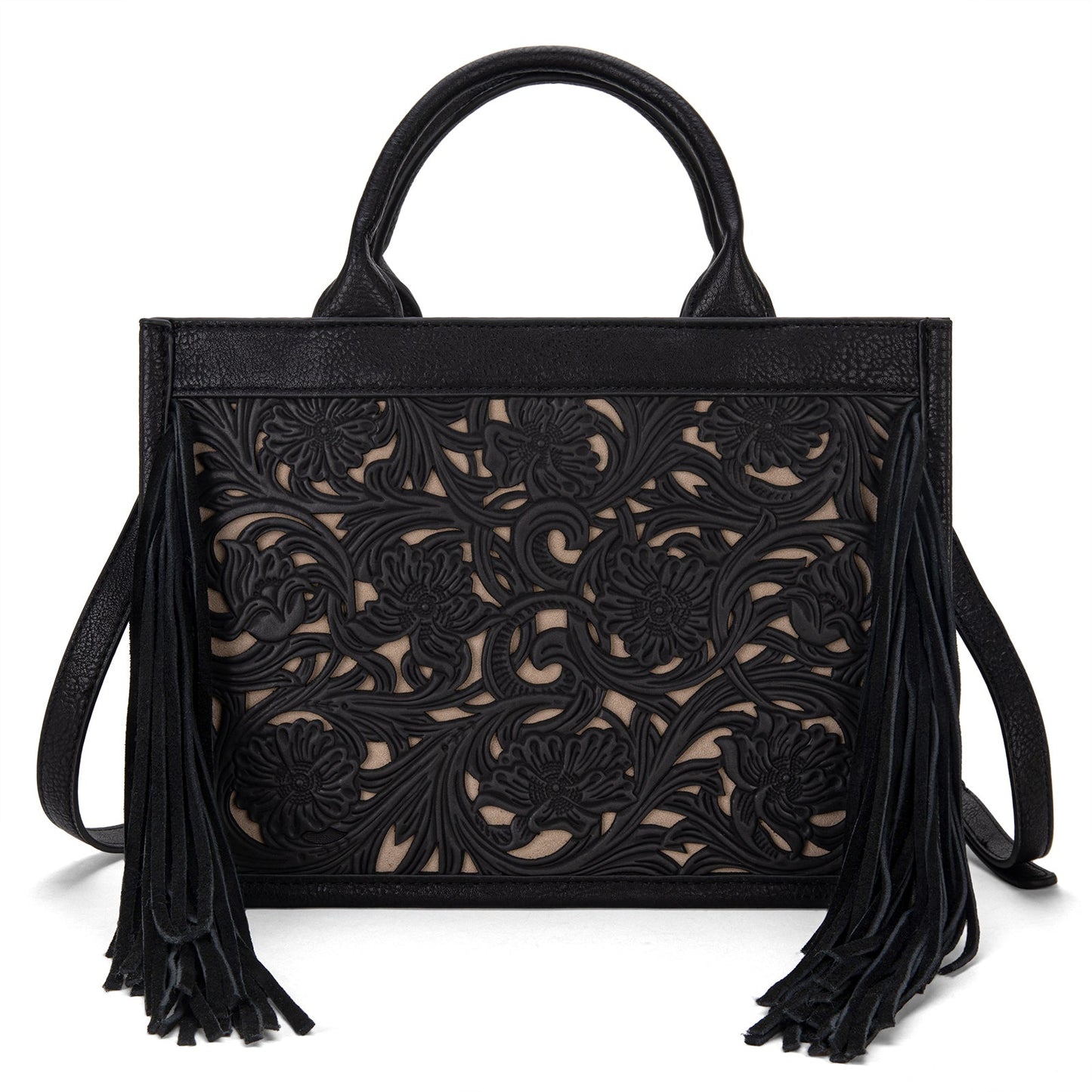 Trinity Ranch Floral Tooled Fringe Concealed Carry Tote/Crossbody Black