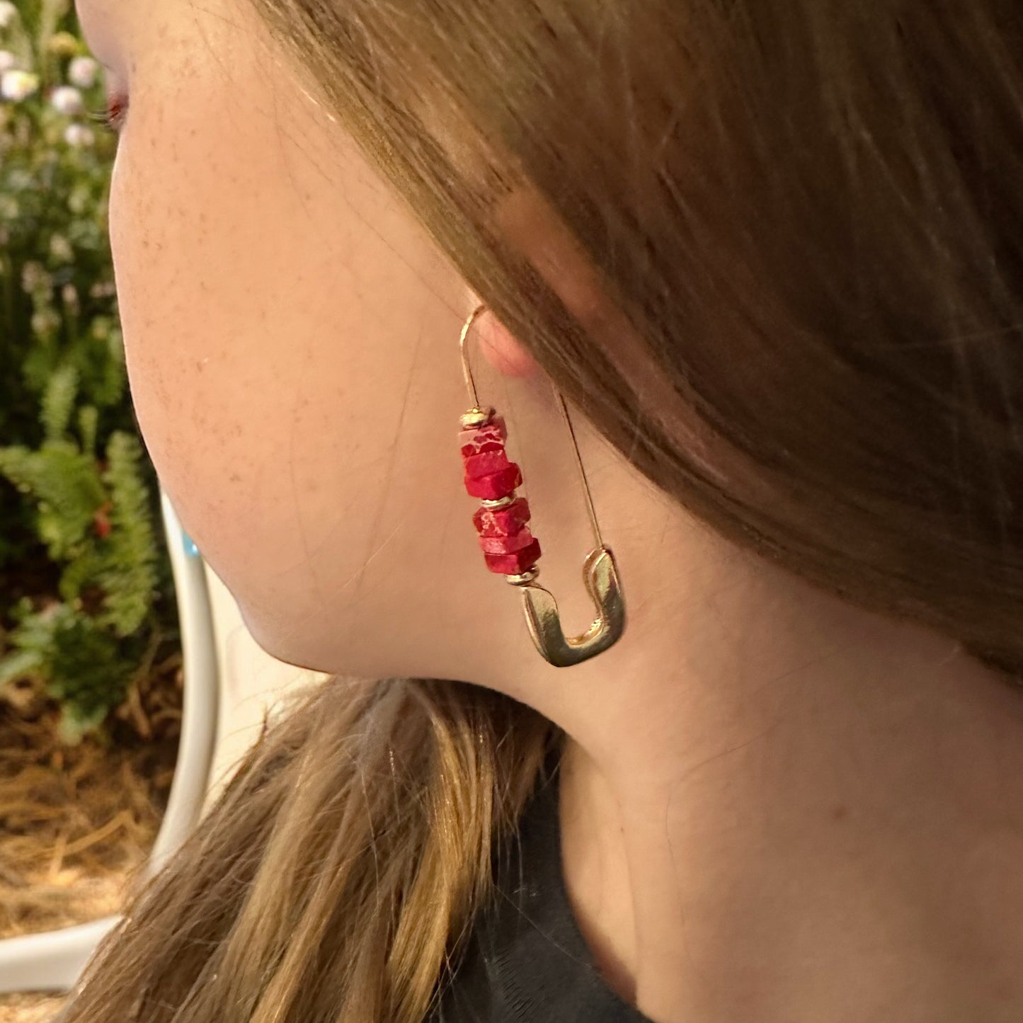 Gold Safty Pin Earrings Red or White