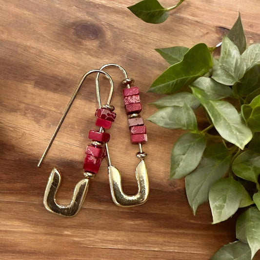 Gold Safty Pin Earrings Red or White