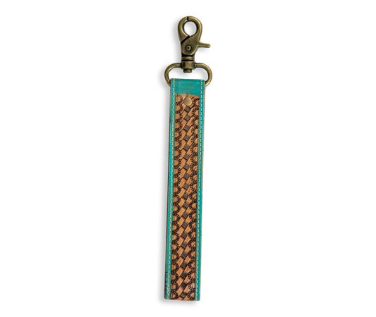 TEAL ACCENT HAND-TOOLED STRAP KEY FOB