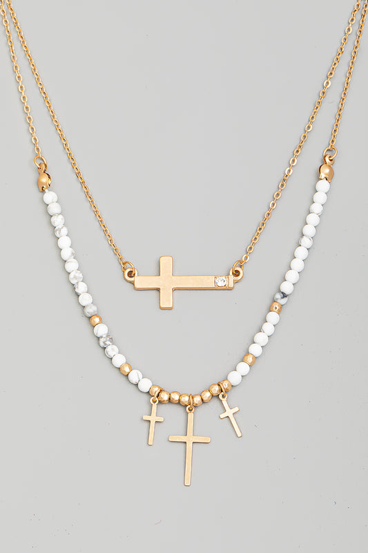 LAYERED MULTI CROSS CHARM NECKLACE